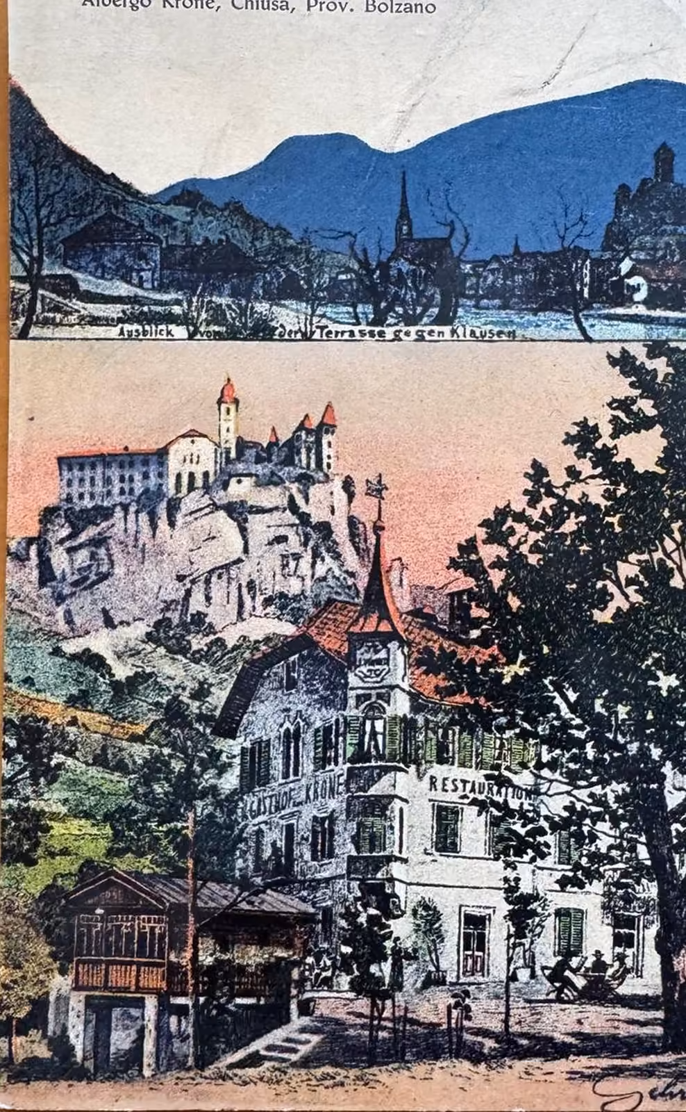 Historische Postkarte: Blick von der Terrasse gegen Klausen und der Gasthof Krone
